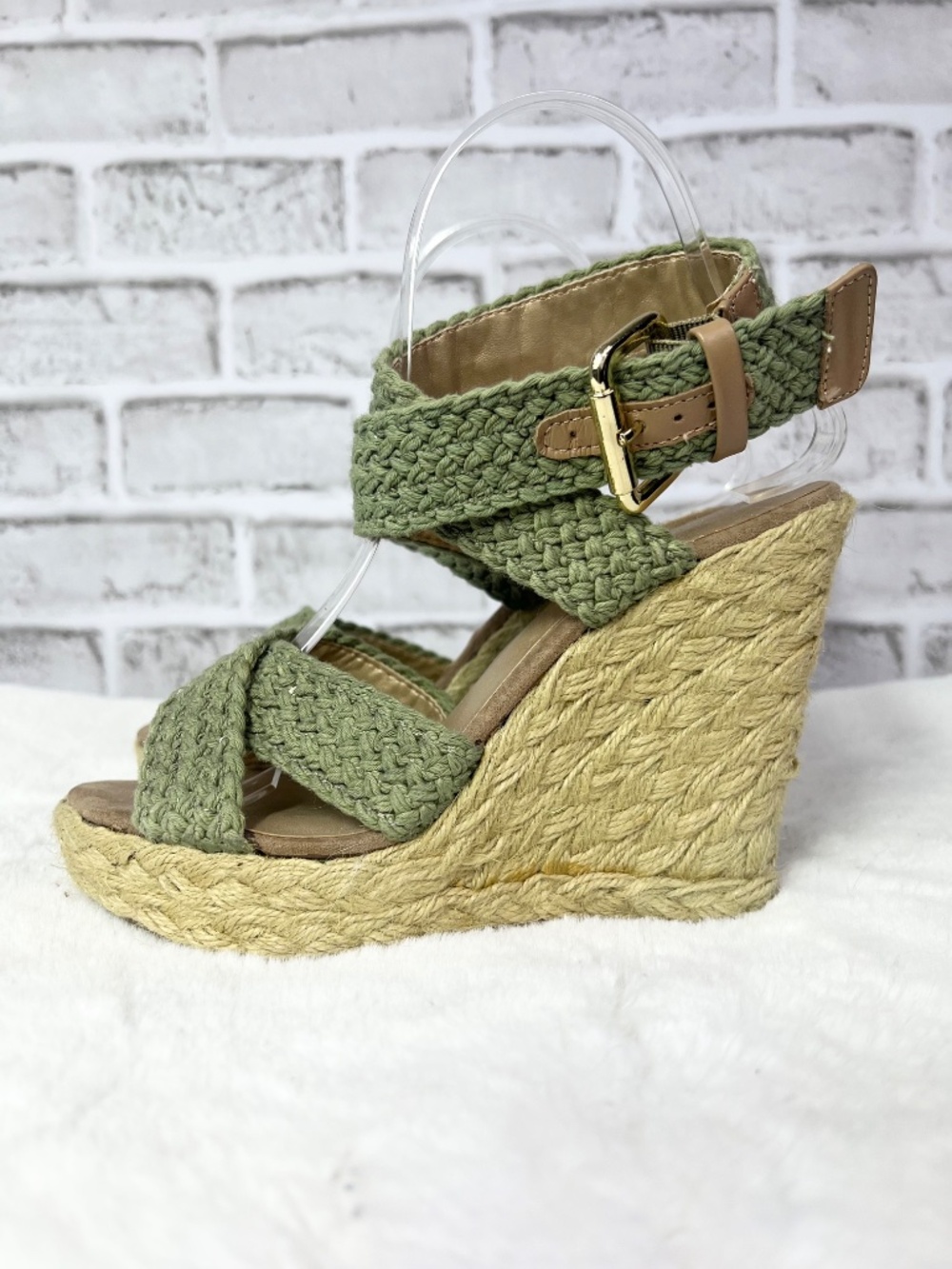 NWT🤩 |•NINE WEST•| Olive Green Crochet Espadrille Wedge Sandals Women’s Size 7 - Picture 3 of 14